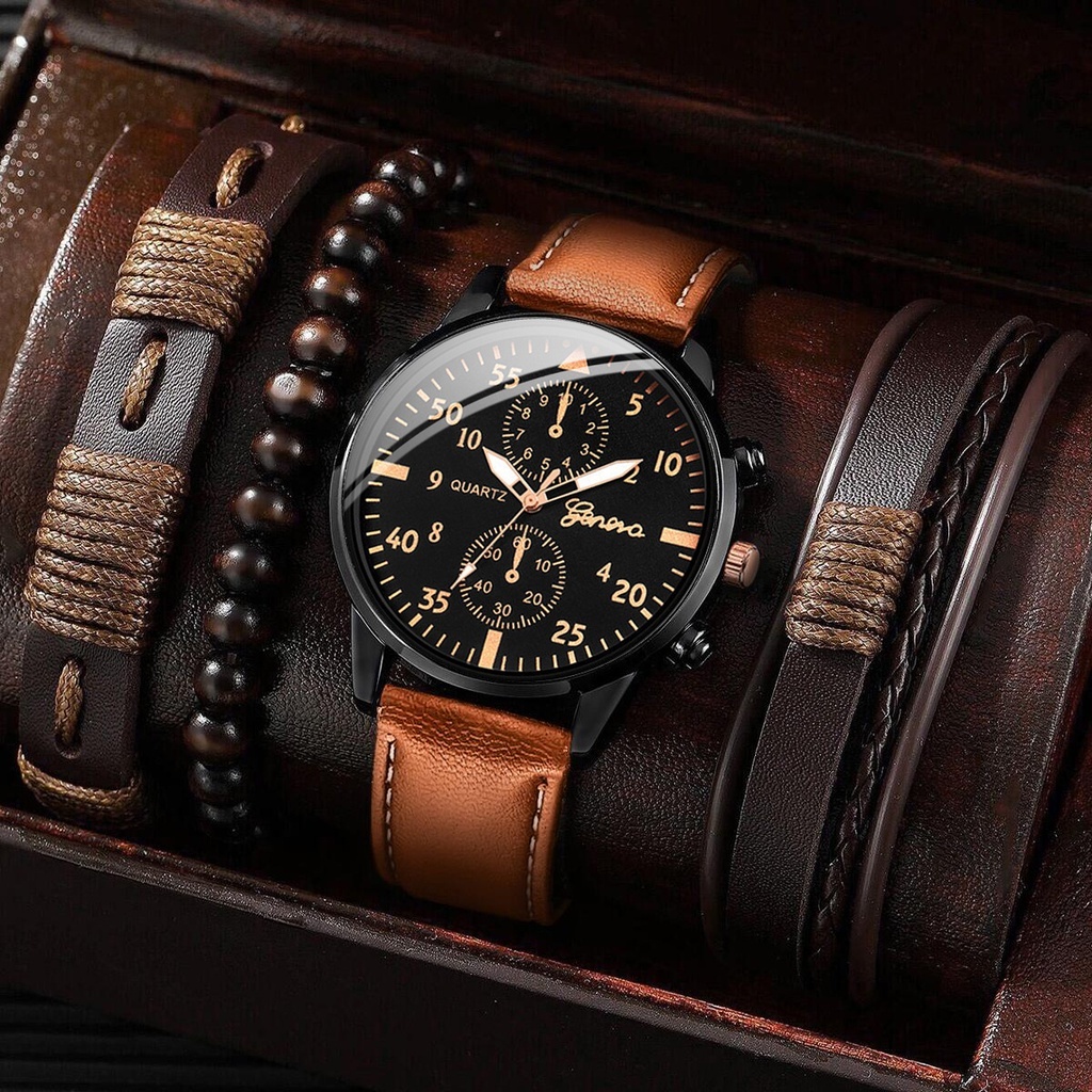 Men's Watches Casual Leather Band Quartz Watch with Vintage Bracelet ...