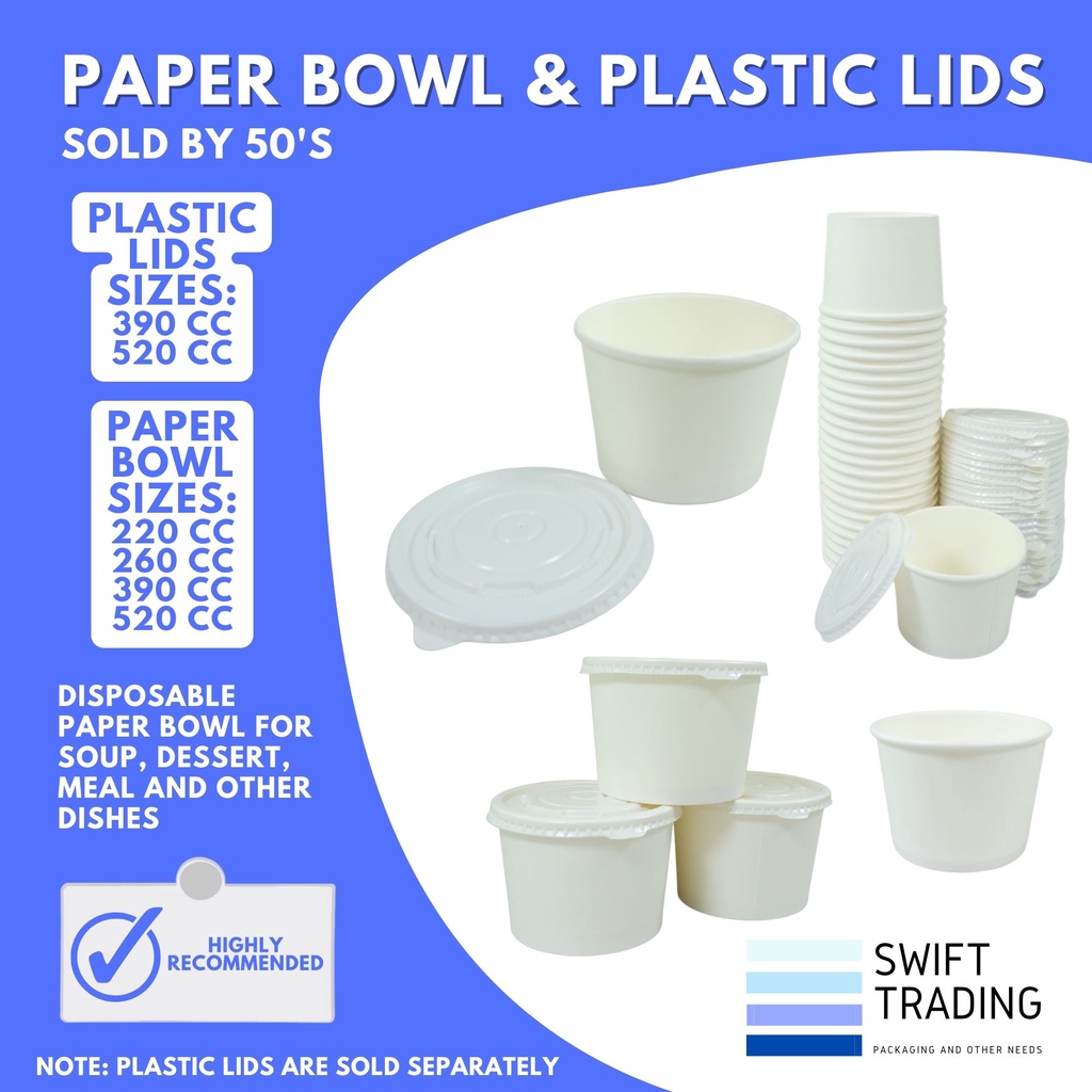 50pcs Plain Paper Bowl White & Plastic Lid 220cc 260cc 390cc 520cc ...