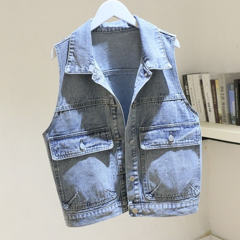 Light Blue Denim Vest Women 2022 Short Loose Large Pocket Sleeveless