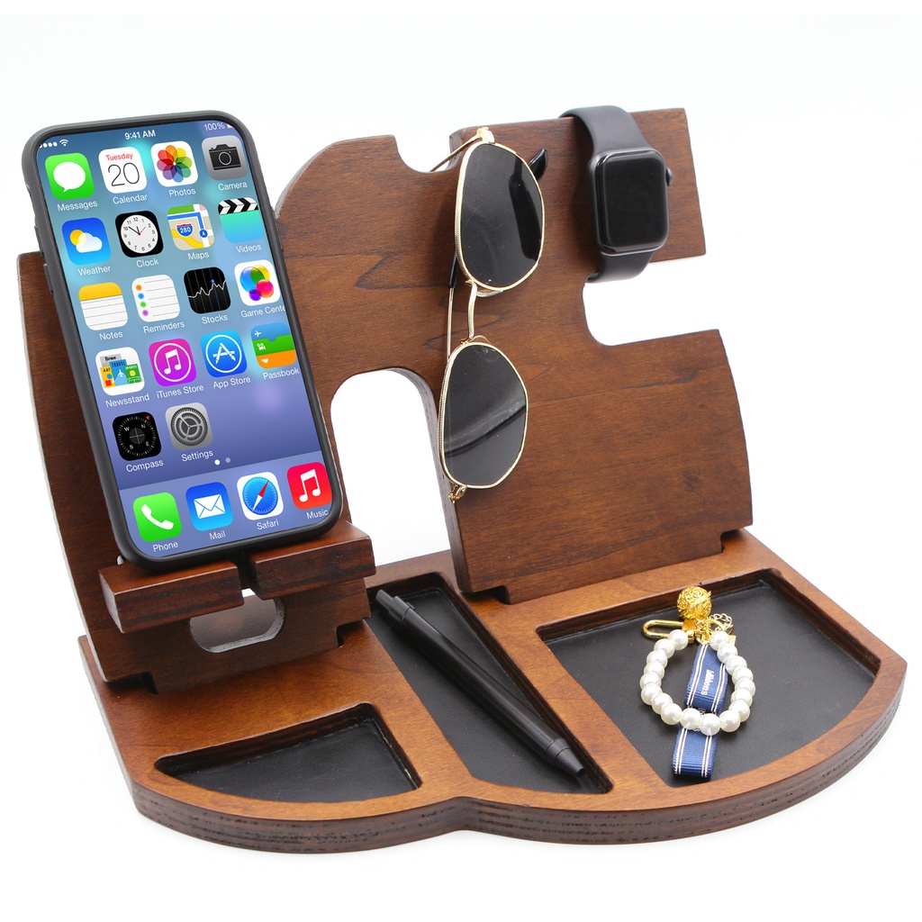 Wooden Phone Docking Station Wooden bedside organizer Walnut Wallet
