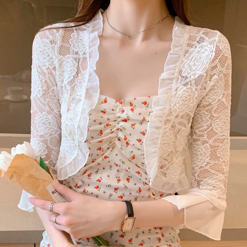 Korean style Women Bolero blazer White Black Short/Long Sleeve Shrugs Lace  Bolero filipiniana outerwear cardigan blouse for Women Dress