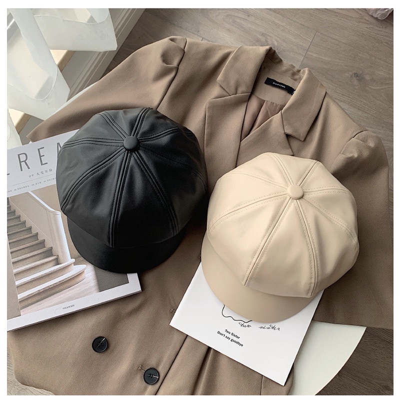 Fashion Leather Beret Cap for Women Unisex Spring Octagonal Berret Hat ...