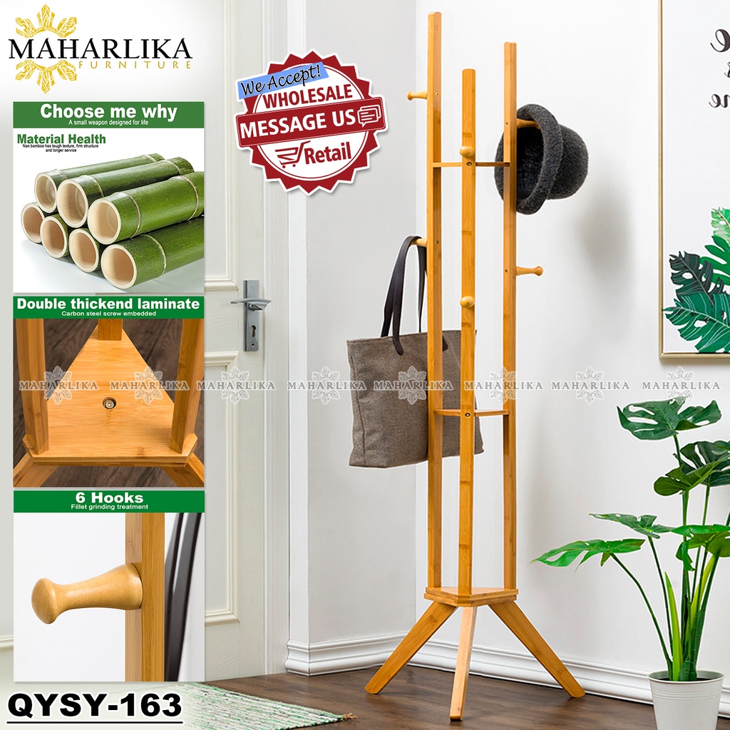 Maharlika QYSY163 6 Hooks Bamboo Coat Hat Shoe Rack Stand Clothes