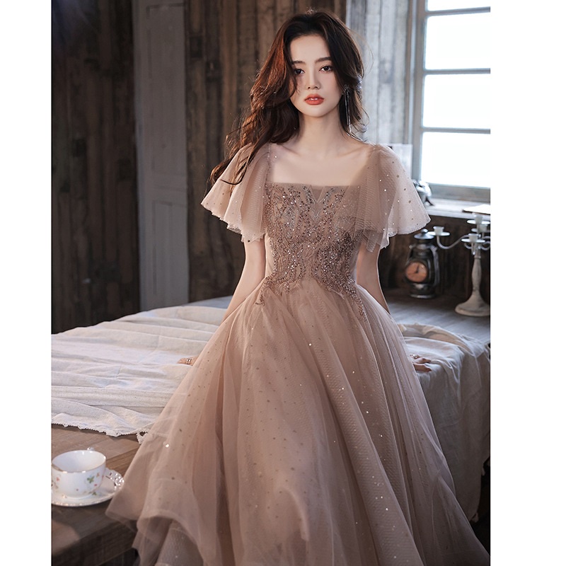 Khaki Starry Sky Banquet Evening Dress Fairy Temperament Flying Sleeve Sequin Princess Bridesmaid Dresses Dinner Gown Shopee Philippines