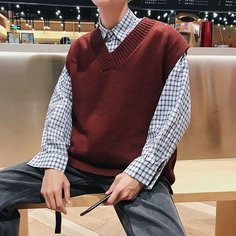 ST Shop Men s Korean Fashion Loose College Style Knitted V neck Sleeveless Vest M 2XL Shopee Philippines