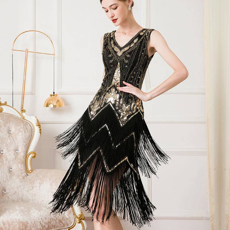 YXL Women's Great Gatsby Dress V Neck Sequin Beaded Long Fringe Roaring 20s  Party 1920s Flapper Dress
