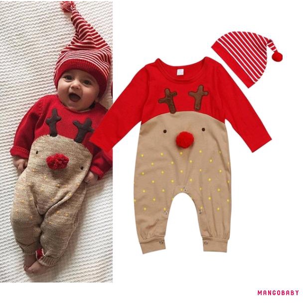 MG-2Pcs Newborn Baby Jumpsuit Hat Outfits, Christmas Deer Long Sleeve ...