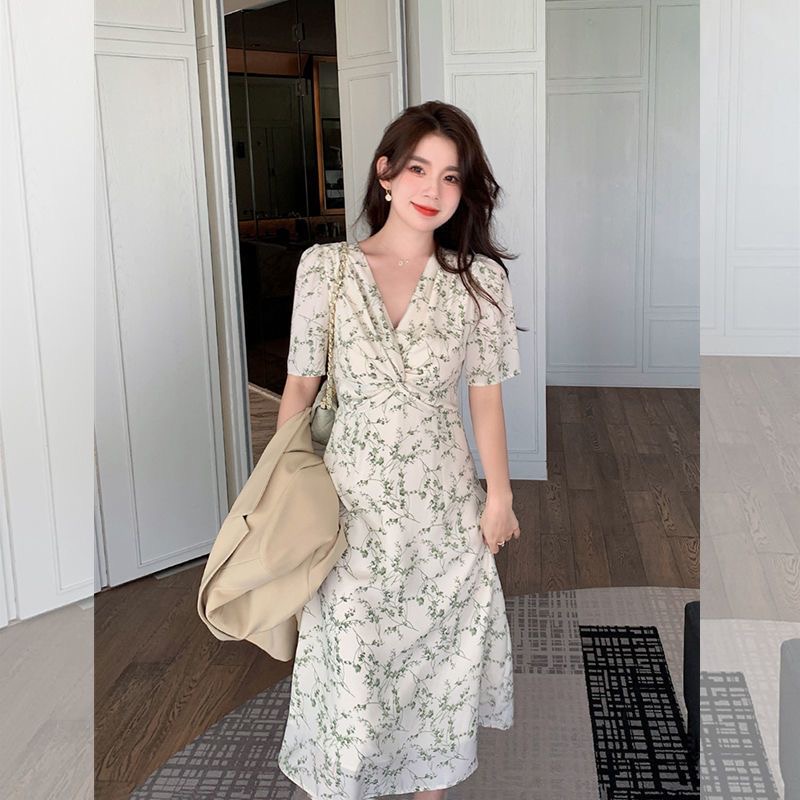 sage green dress floral vintage midi puff sleeve Korean plus size v ...