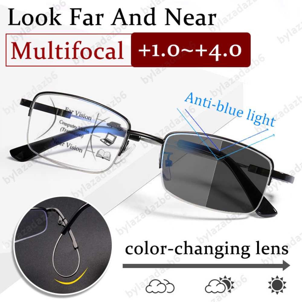 Color changing progressive multi focus anti blue light reading glasses