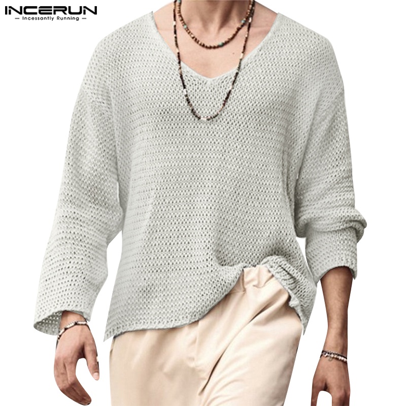 Incerun Men 4 Colors Basic Style V Neck Solid Color Long Sleeve Loose T