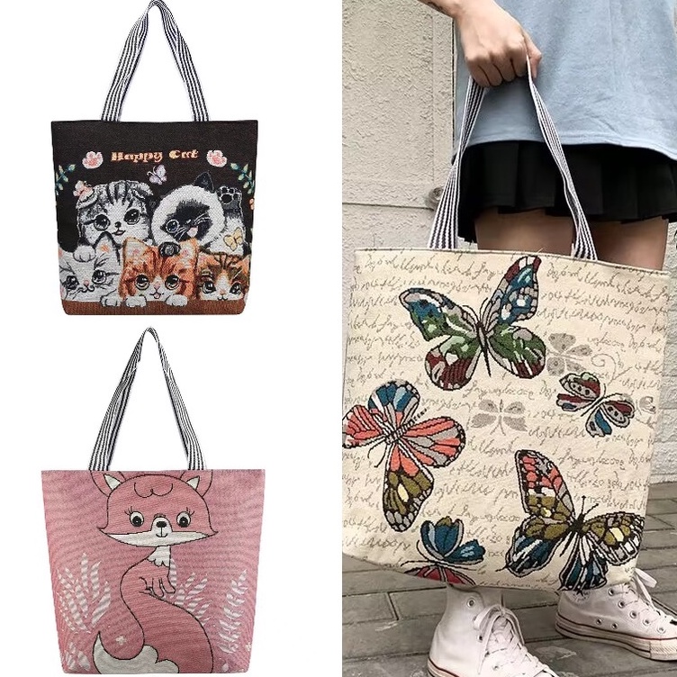 New Thai Style Fashion Female Tote Bag With Zipper Canvas Cute Shopping
