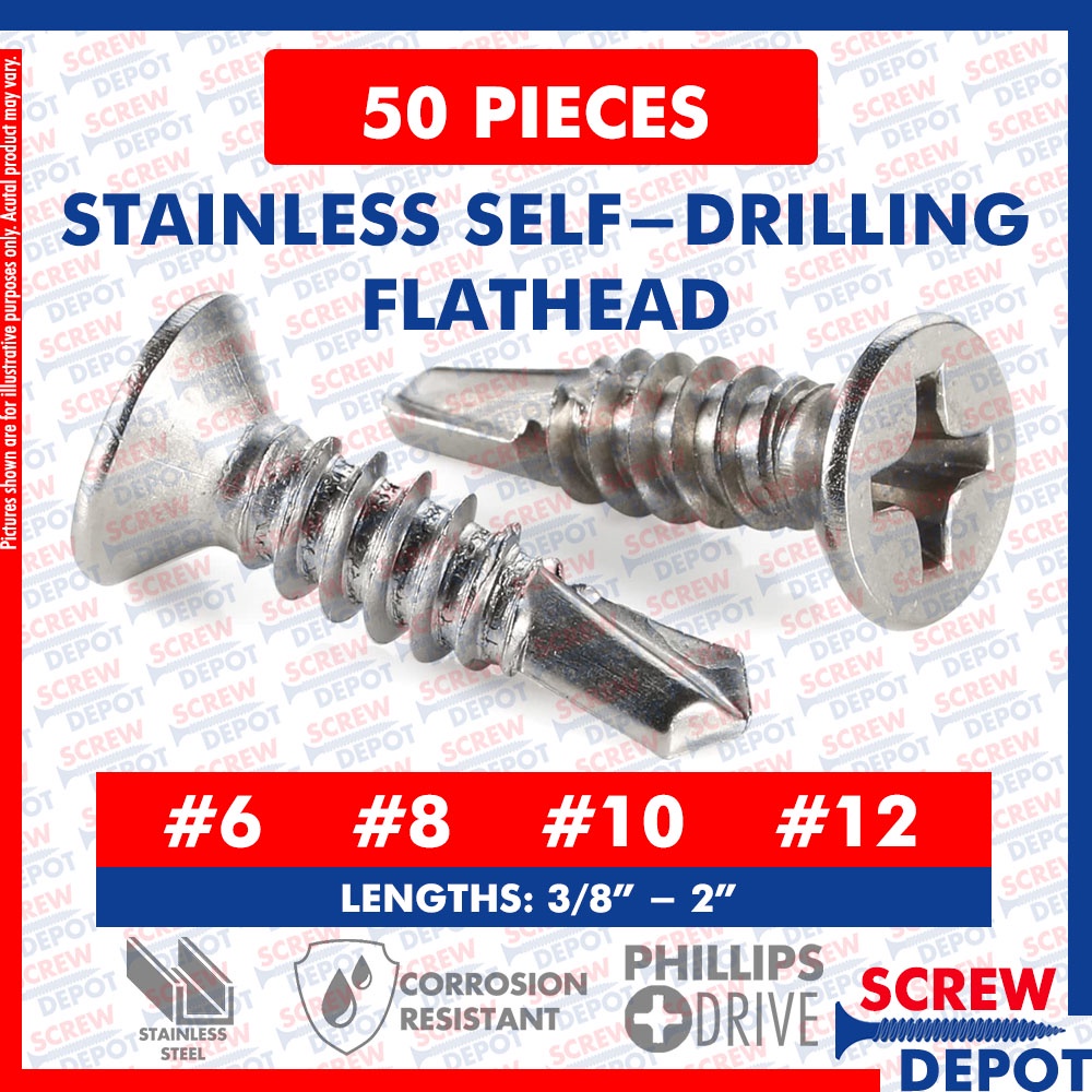 50PCS #6 #8 #10 #12 Stainless Flat Teks | FH Countersunk Self Drilling ...