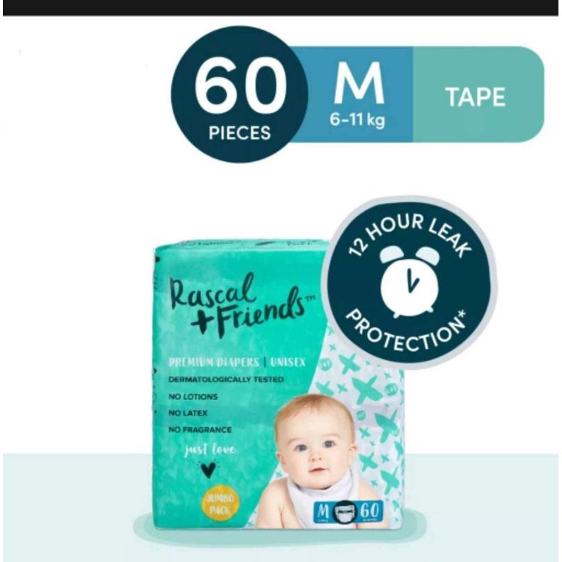 Rascal + Friends Tape Diaper Jumbo Medium (6-11kg) 60pcs 1 pack