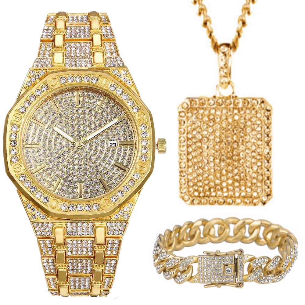 HIP HOP Iced Out Watch Necklace for Men 3pcs Luxury Diamond Watch Men
