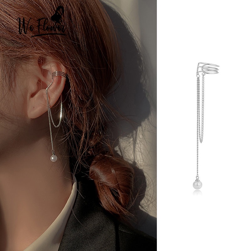 We Flower Elegant Pearl Long Tassel Chain Clip Earring For Women 1Pc