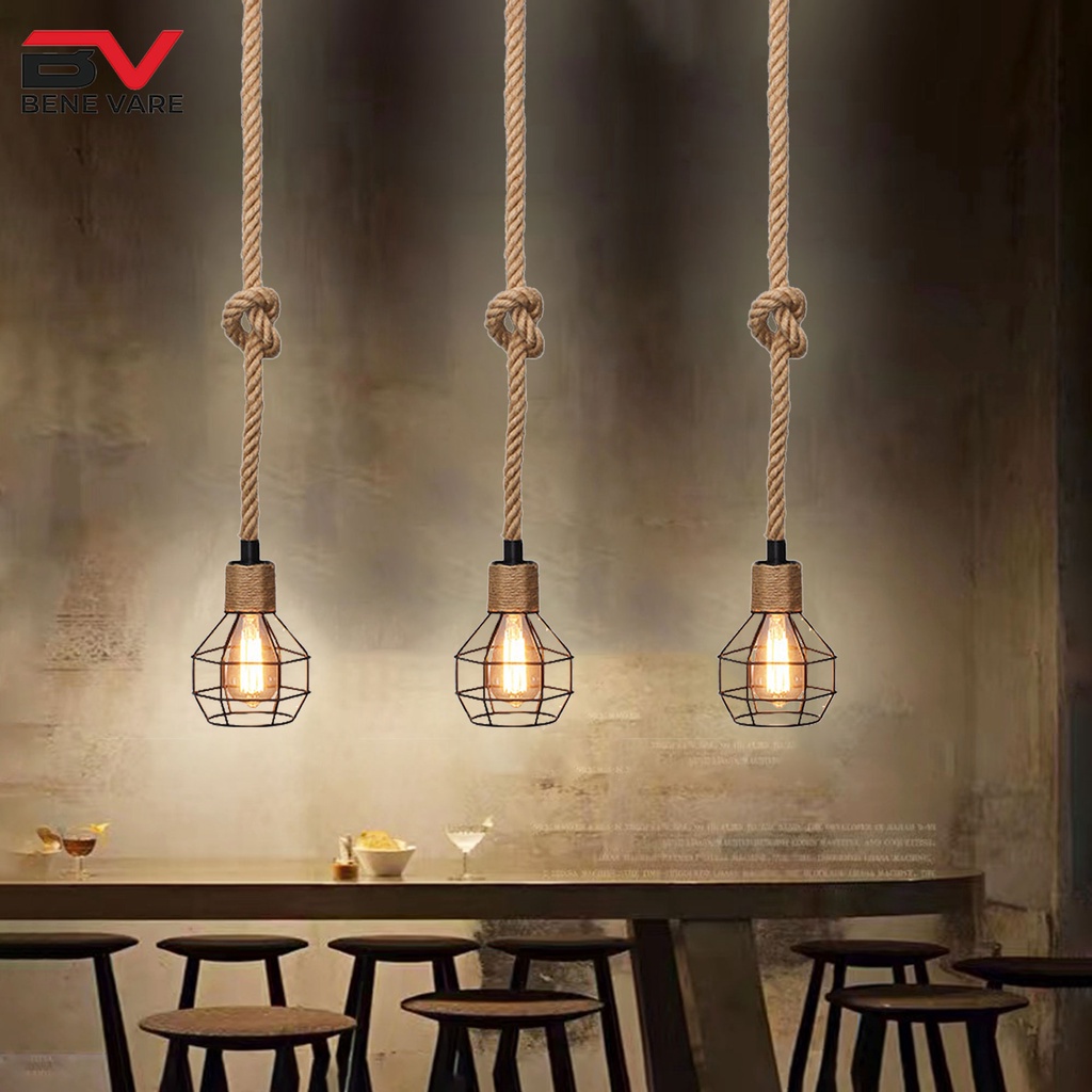 View of Chandeliers vintage industrial hemp rope falling with Iron lampshades ...