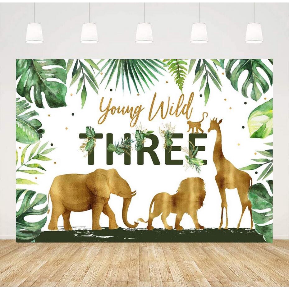 Young Wild Three 3rd Birthday Backdrop Jungle Safari Animals Background ...
