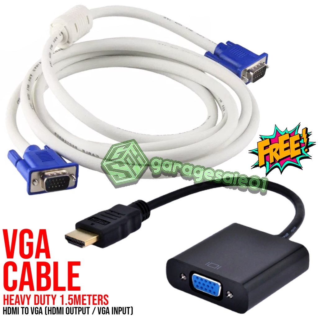 🟨1.5M VGA Cable 15 Pin VGA Male to VGA Male White With FREE HDMI To VGA