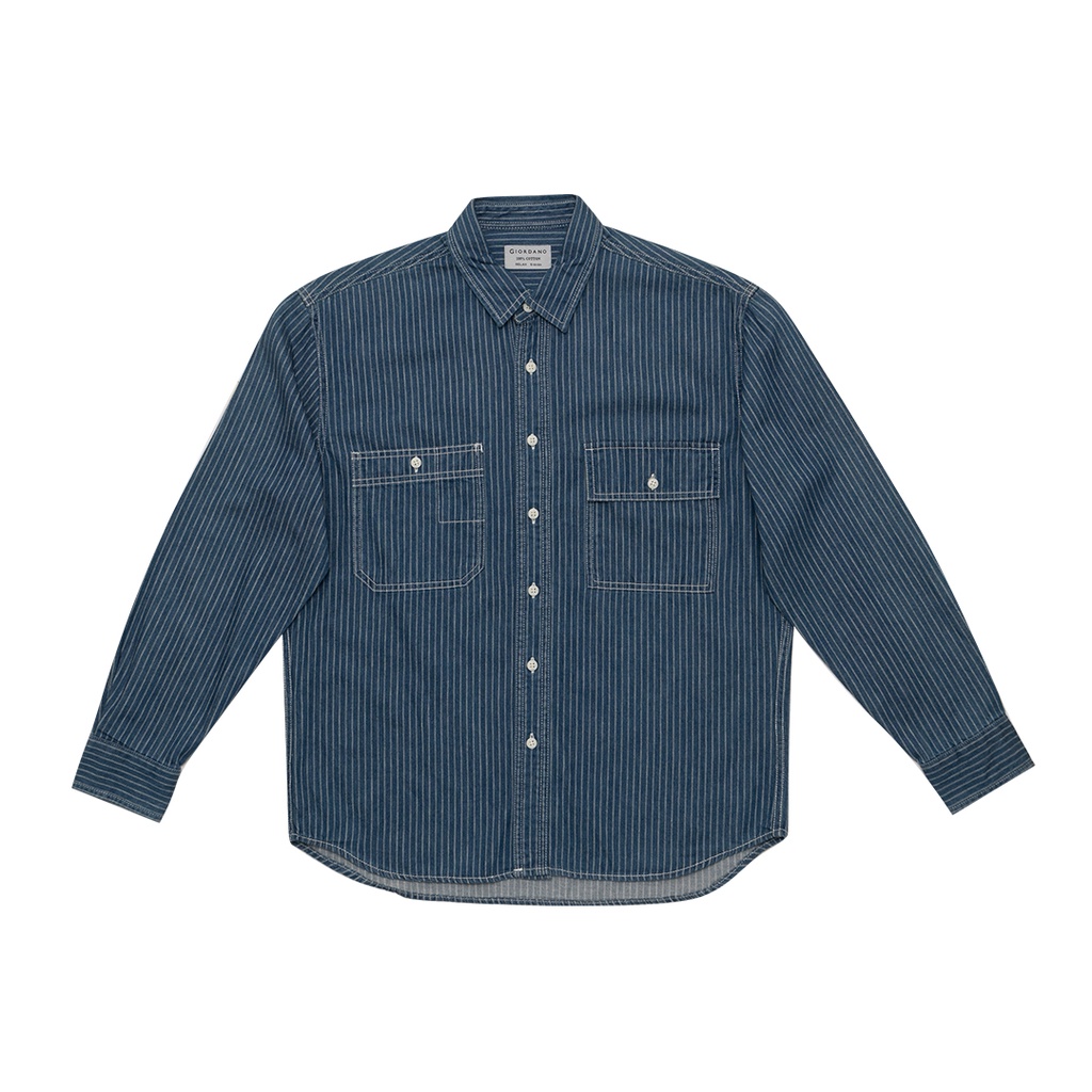 GIORDANO Men's Long Sleeves Chambray Shirt (01041008) - 39 - Indigo ...