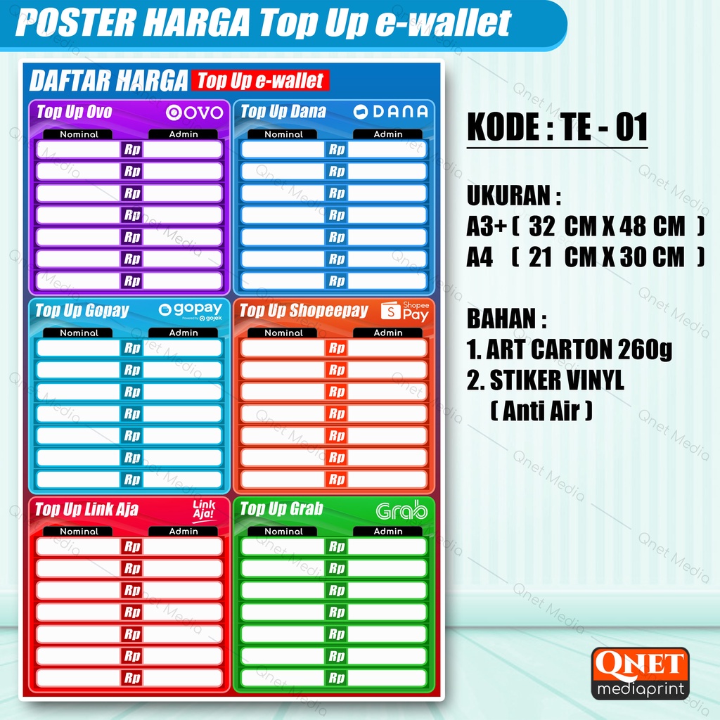 Sticker / DAFTAR POSTER TOP UP PRICE E-WALLET + GLOSSY LAMINATED ...