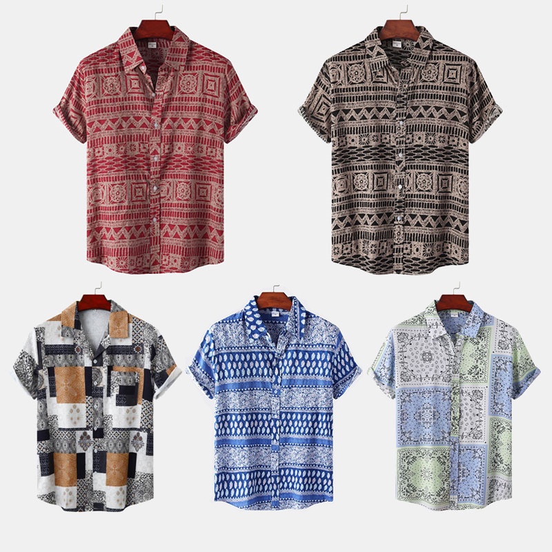 Men s Retro Ethnic Printed Floral Short Sleeve Shirt Loose Casual Plus Size Vintage Lapel Button Up Polo Shirt Red Blue Khaki Black Shopee Philippines
