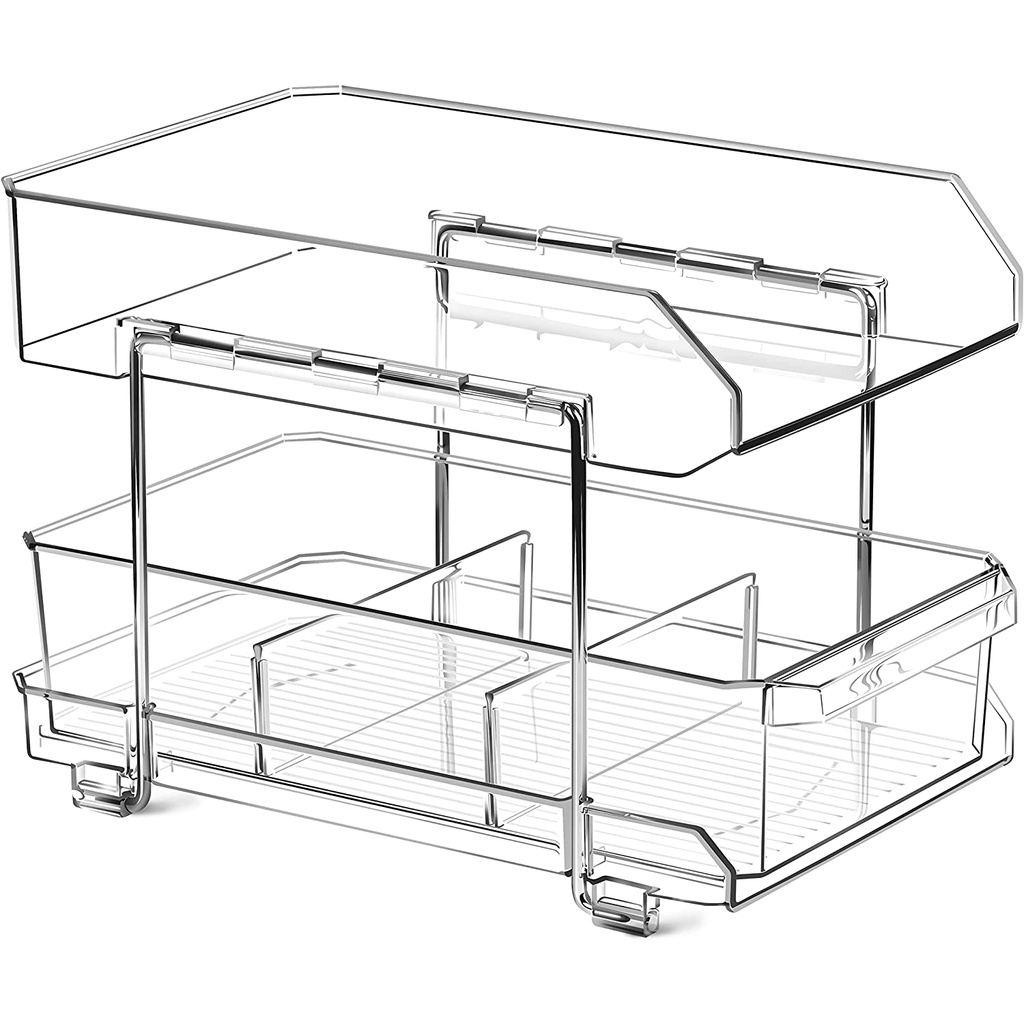 2 Tier Clear Organizer with Dividers, MultiPurpose SlideOut Bathroom