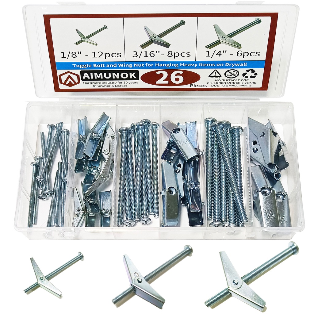 AIMUNOK Assorted 26 Pcs Toggle Bolt and Wing Nut Kit for Hanging Heavy ...