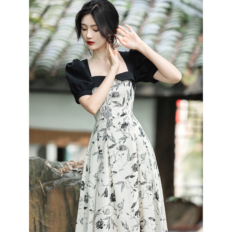 white floral long cocktail elegant dress puff sleeve vintage korean black  dresses for women formal | Shopee Philippines