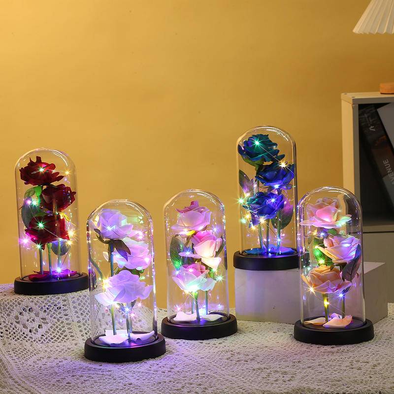 3PCS Roses Glass Cover LED Light Handmade Creative Rose Lamp Desktop ...