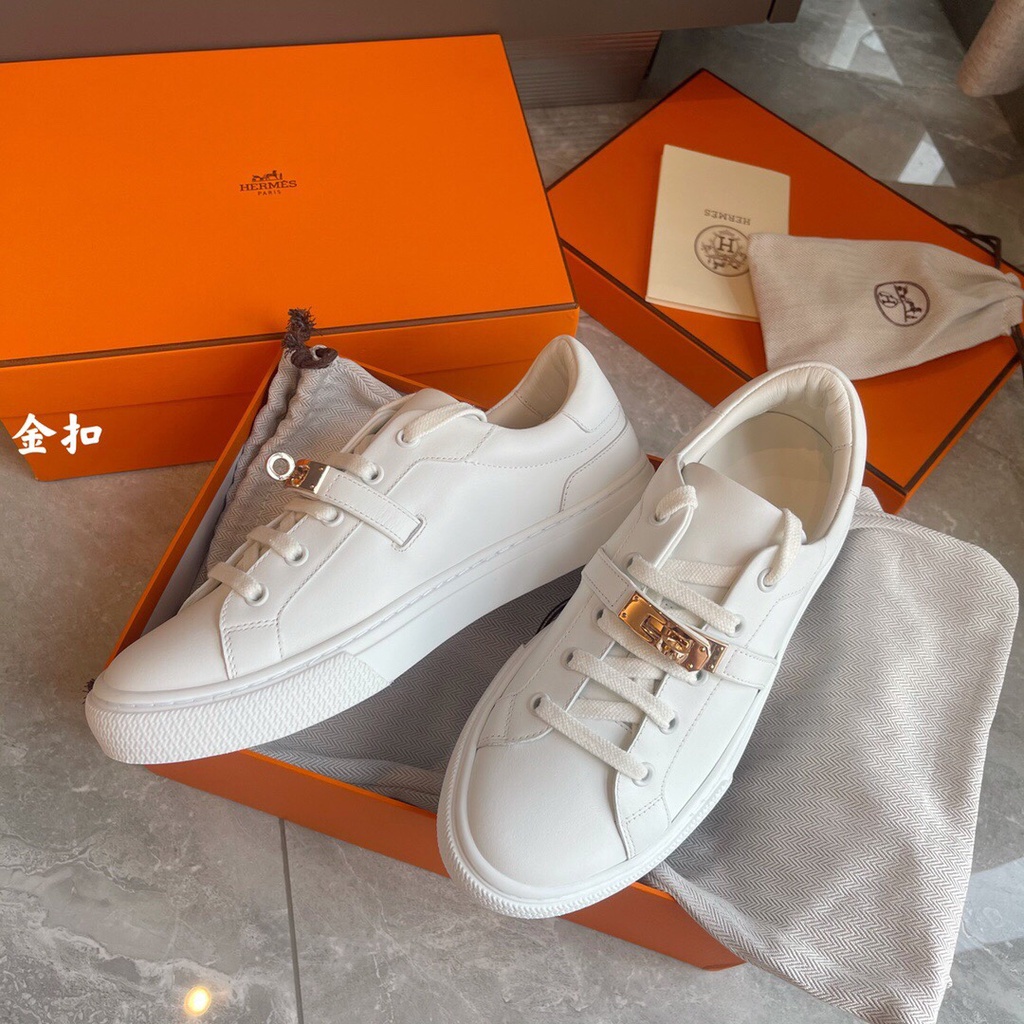 Hermes Sports Shoes Couple Models Kelly Buckle White Shoes Gold Buckle White Cowhide Upper Comfortable Fashion Noble Women s Shoes