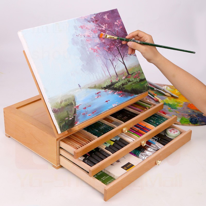 Beech Drawer Wooden Easel Painting Box Desktop Oil Storage Drawing ...