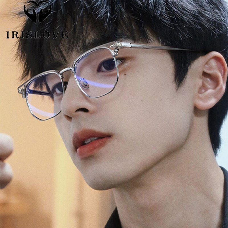 Irislove Korean Grey Semi-rimless Square Frame Glasses for Men Boys Trendy  Blue Light Blocking Eyeglasses Temperament Eyewear Everyday