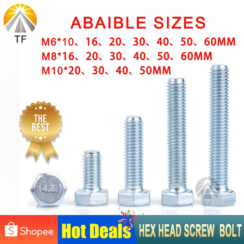 Hex Bolts, zinc M6 M8 M10 (10MM to 60MM Lengths in Listing) Shopee