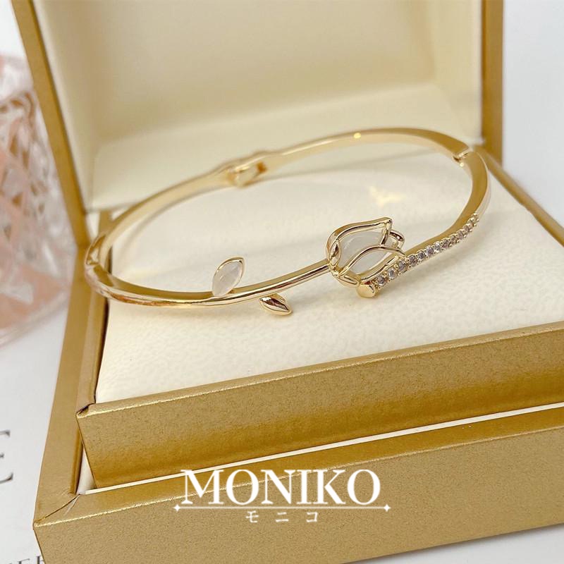 MONIKO Original Design 18k Gold Plated Tulip Pendant Bangle Opal Bracelet Couture Jewelry