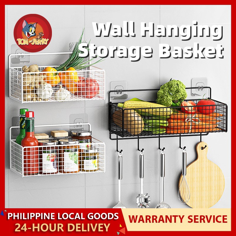 Kitchen Wall Hanging Mesh Storage Basket With Hooks Fruits Rack Drain