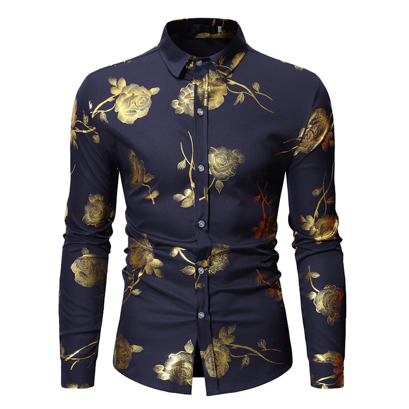 Mens Gold Rose Floral Print Shirts Brand Floral Steampunk Chemise White ...