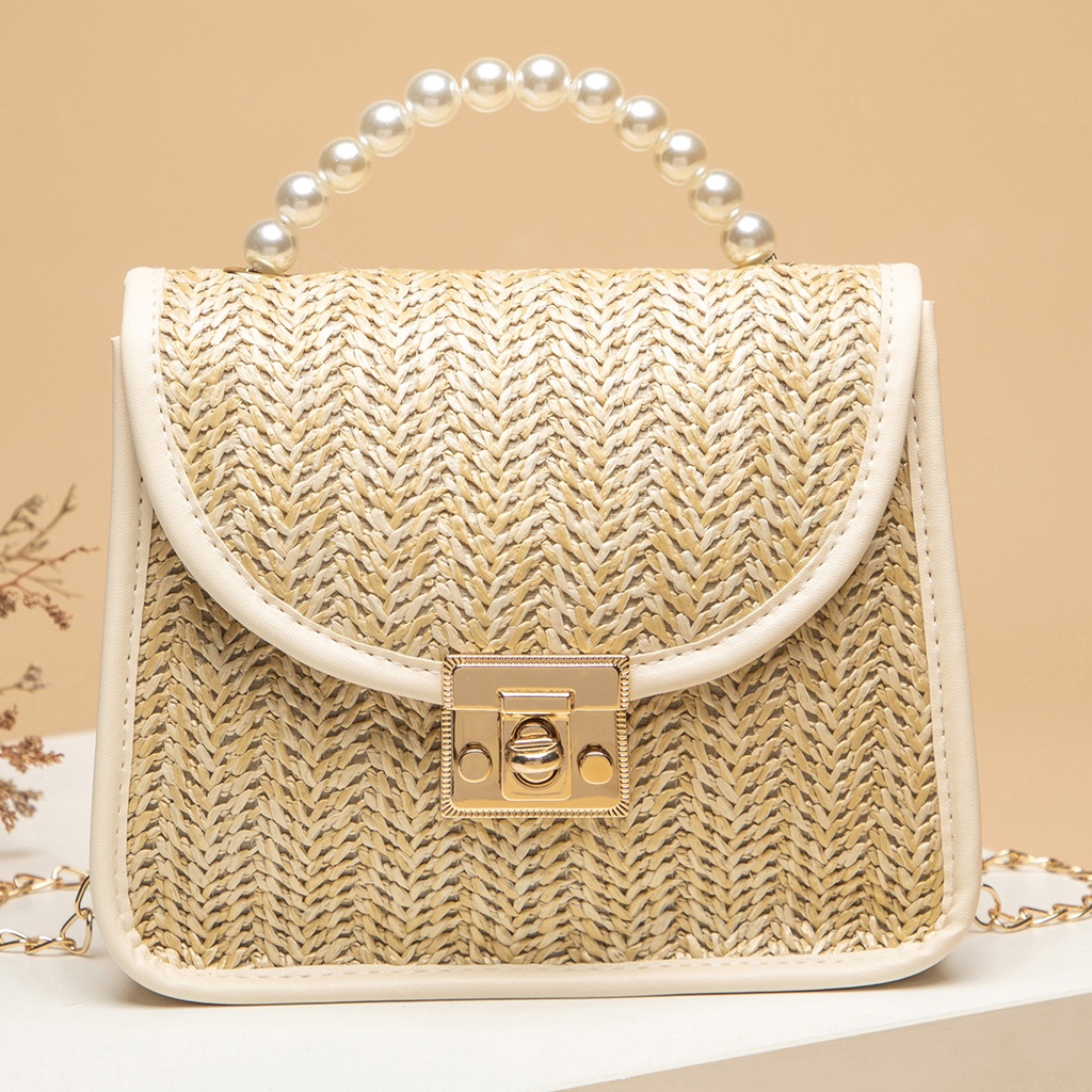 Women Rattan Drawstring Bag Straw Bag Handwoven With Chain Top Pearl ...