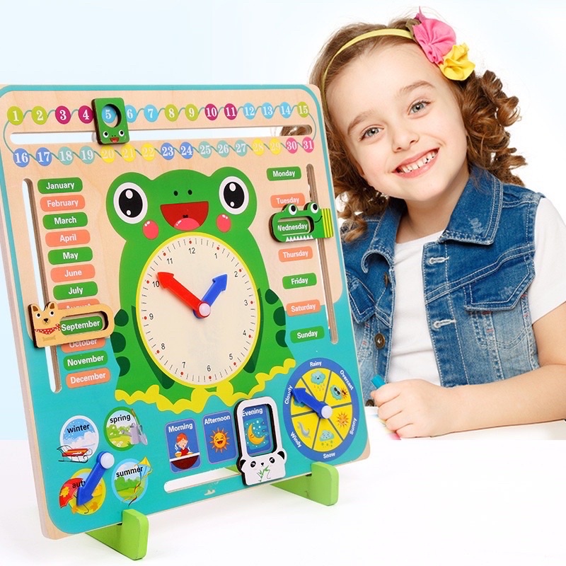 Multi-functional Calendar Clock Learning Cognitive Wooden Toddler Kids ...
