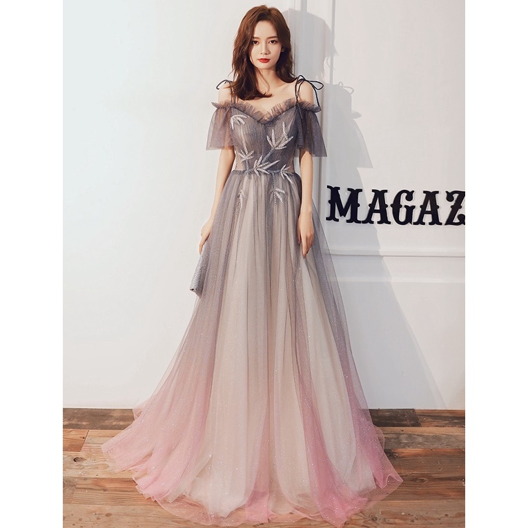 2025 Banquet evening dress women's popular new autumn one-word shoulder elegant annual meeting host fairy temperament birthday dress