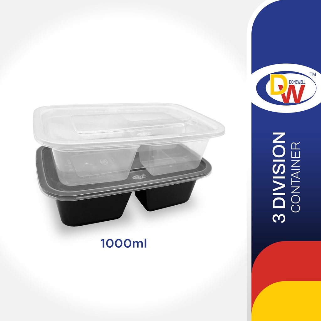 Donewell 3 Division Rectangle 750, 1000 Microwavable Food Container Box