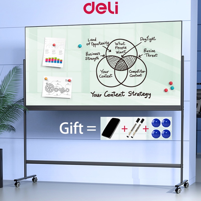 Deli Writing Board Toughened Glass White Board With Stand Wheels