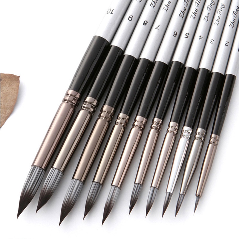 10 pcs/set Round Pointed Watercolor Brush Nylon Hair Wooden Handle ...