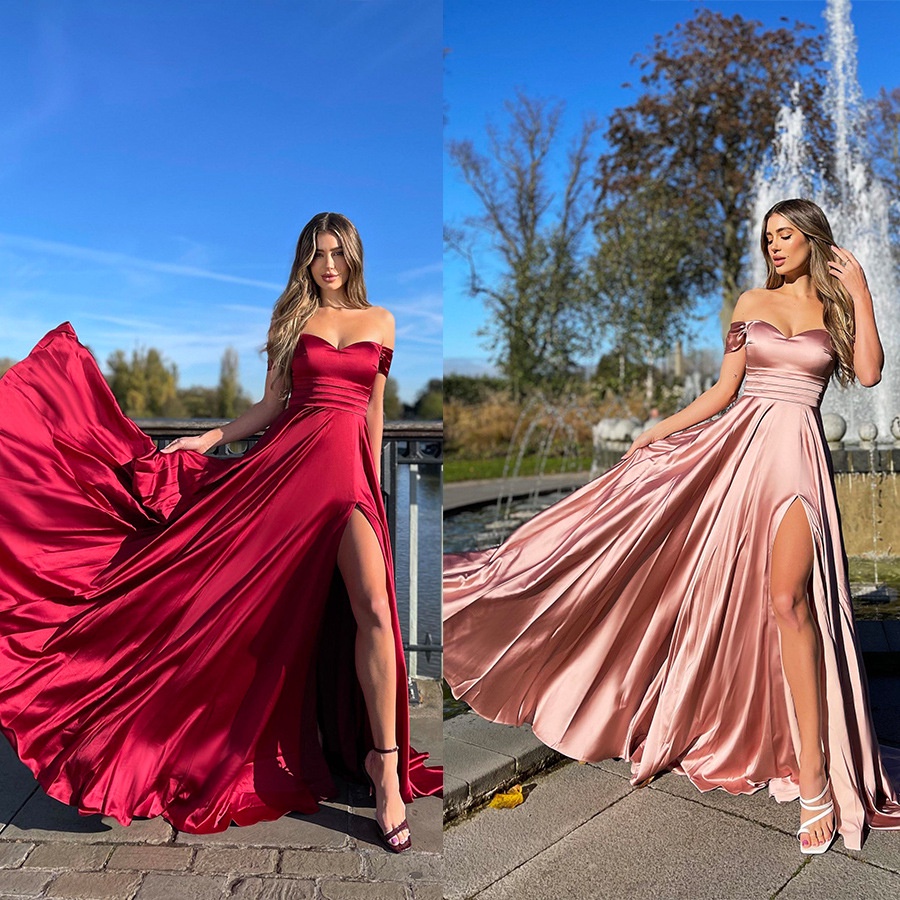 Satin Prom Dresses for Women Long A-Line 2023 Side Slit Evening Formal ...