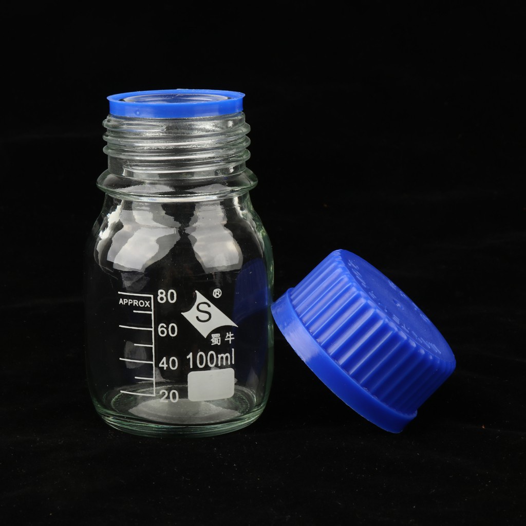 Graduated Round Glass Reagent Bottles Blue Caps Screw On Covers 100ml 250ml 500ml 1000ml 6456