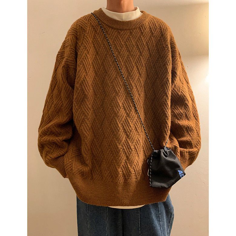 Lalaki Ng Amerikana۞﹉ Brown Thick Line Diamond Sweater Oversize Lazy 