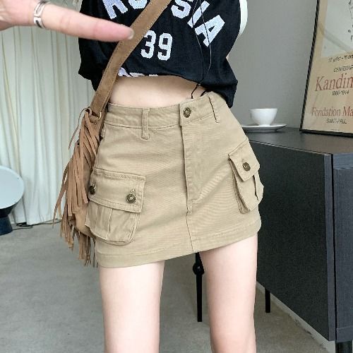 Denim Mini Skirt Women American Retro High Waist A line Hip Wrap Skirt Khaki STK10 Shopee Philippines