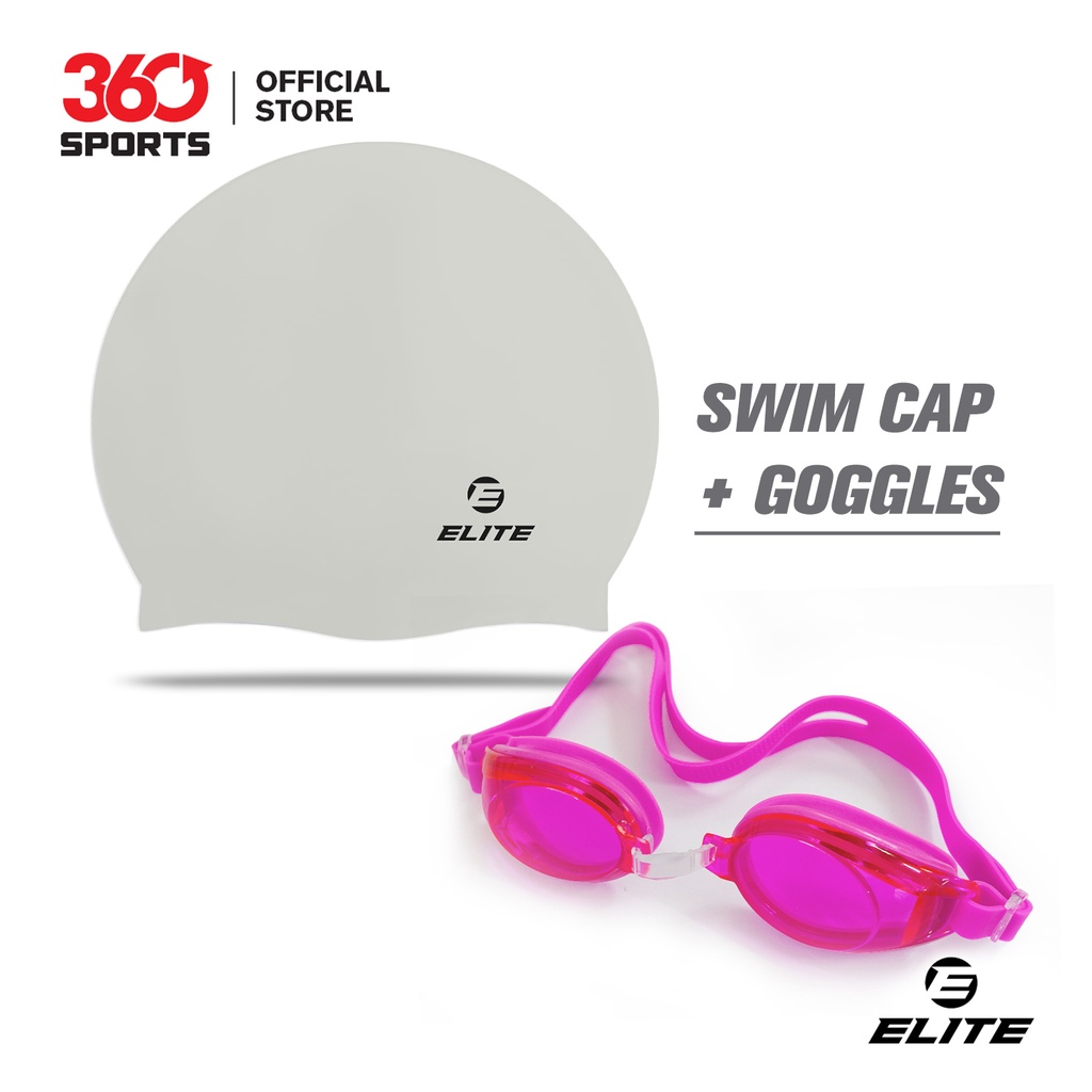 Elite Hypoallergenic Silicone Swimming Cap and Swimming Goggles with FREE Nose clip and Ear
