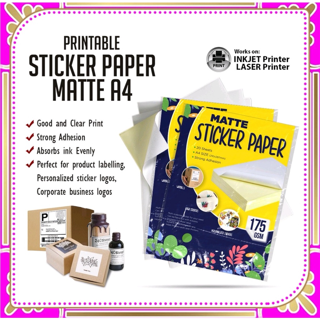 Printable Sticker Paper / Matte Sticker A4 size 175GSM (20sheets ...