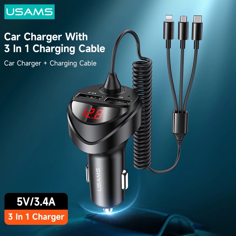 USAMS 3.4A LED Digital Display Car Charger With 3 in 1 Cable Dual USB ...