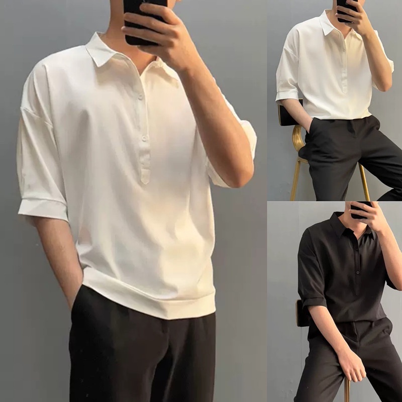 HUILISHI Korean Men's Pure Color Casual Short Sleeve Polo Shirt